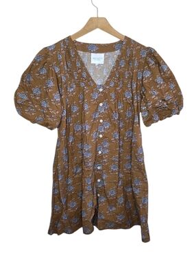Marigold by Victoria Dunn Brown Puff Sleeve Floral Mini Shirt Dress Size XS